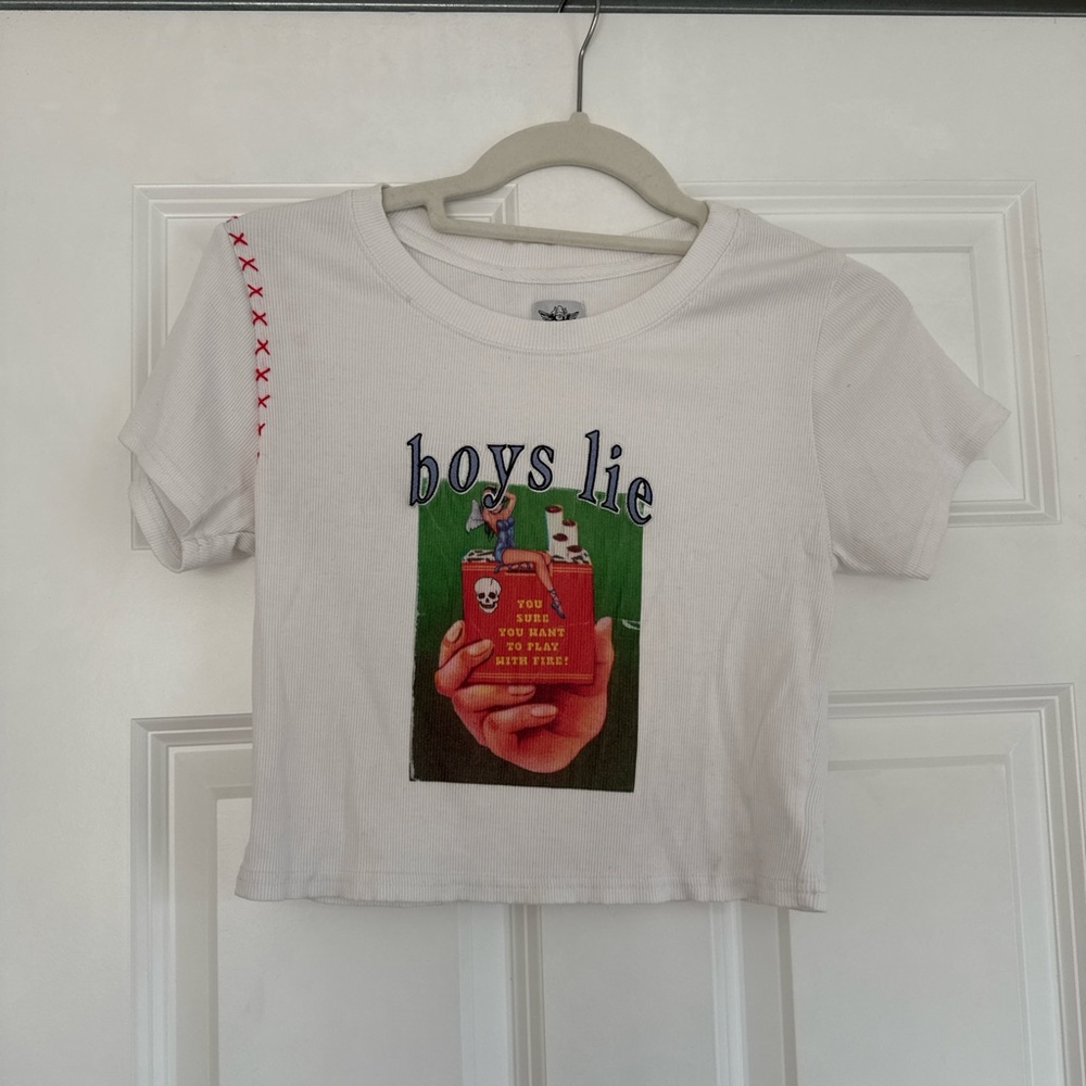 Boys Lie White Crop Top with Graphic and Red Stitching